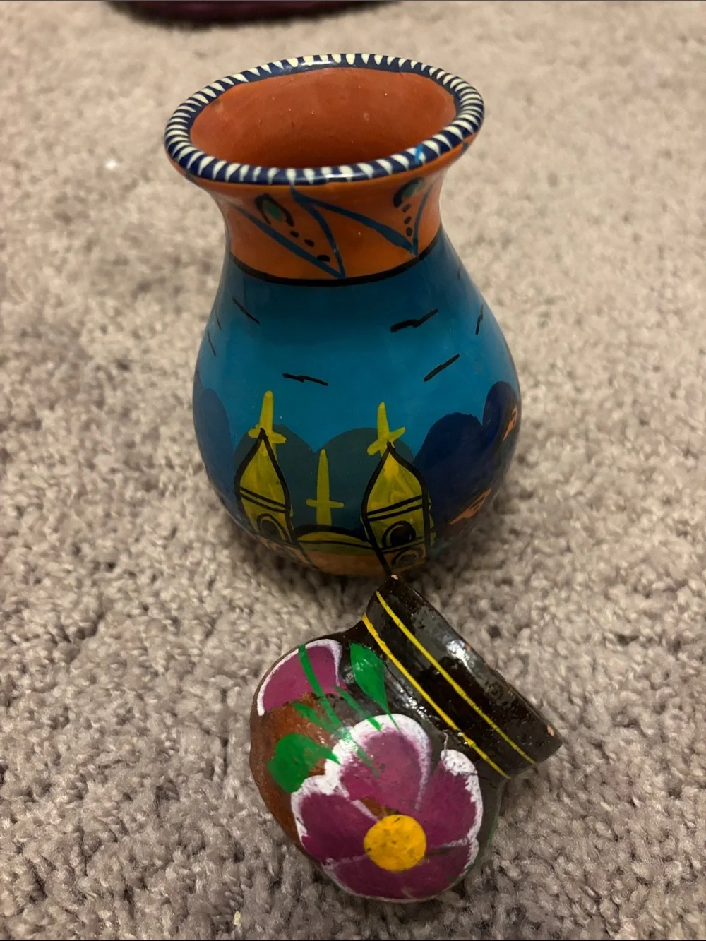 Hand-Painted Blue Ceramic Vase with Floral Accent
